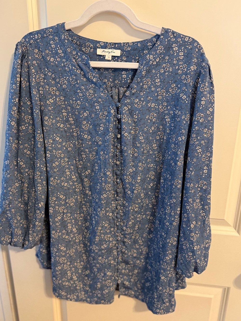 Blue Floral Button-Front Peasant Blouse